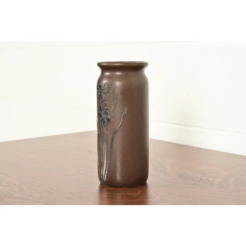 Heintz Arts & Crafts Sterling Silver on Bronze Vase With Floral Decoration - Image 3