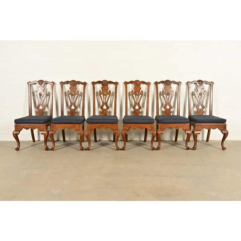 Henredon Georgian Carved Solid Oak Dining Chairs, Set of Six - Image 3
