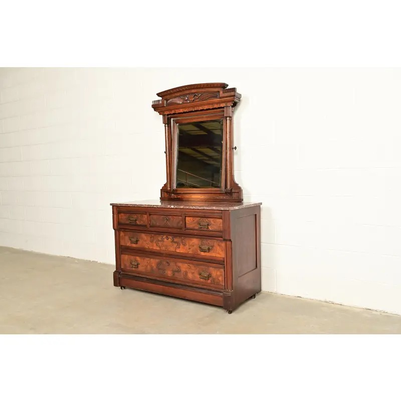 Herter Brothers Style Antique Eastlake Victorian Carved Burled Walnut Marble Top Dresser With Mirror, Circa 1880s - Image 3
