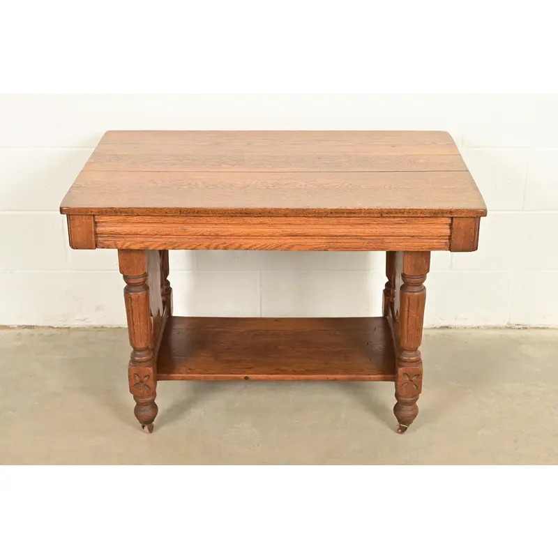 Herter Brothers Style Antique Victorian Carved Oak Writing Desk or Library Table, Circa 1890s - Image 3