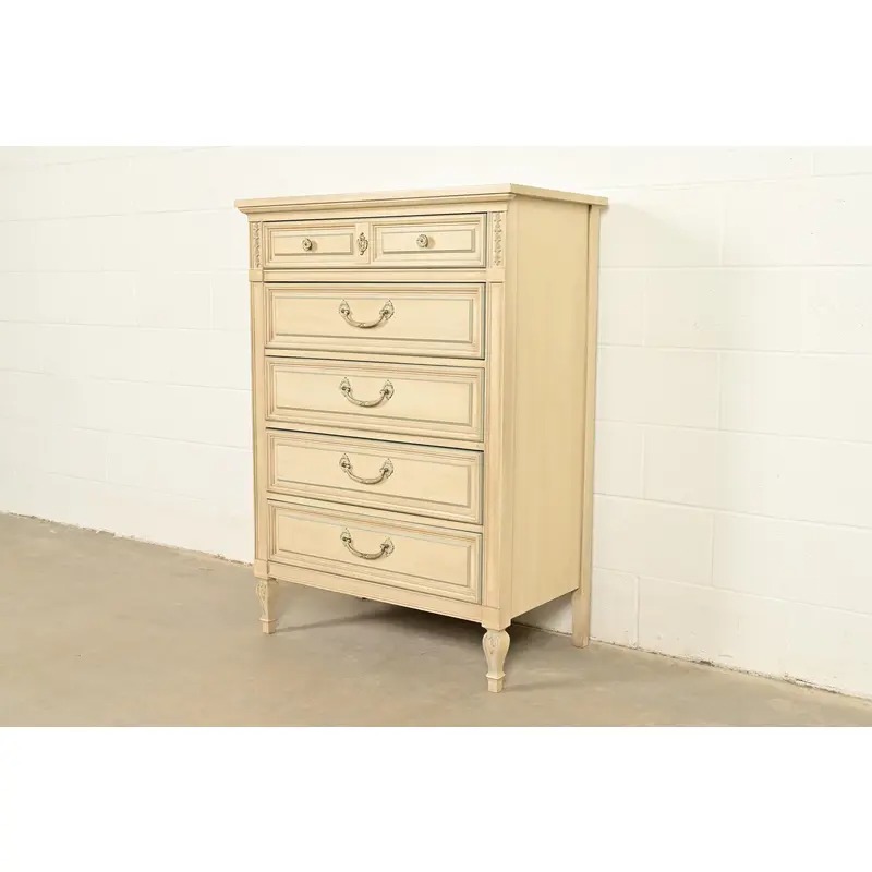 John Widdicomb Style French Regency Louis XVI Cream Lacquered Highboy Dresser, Circa 1960s - Image 3