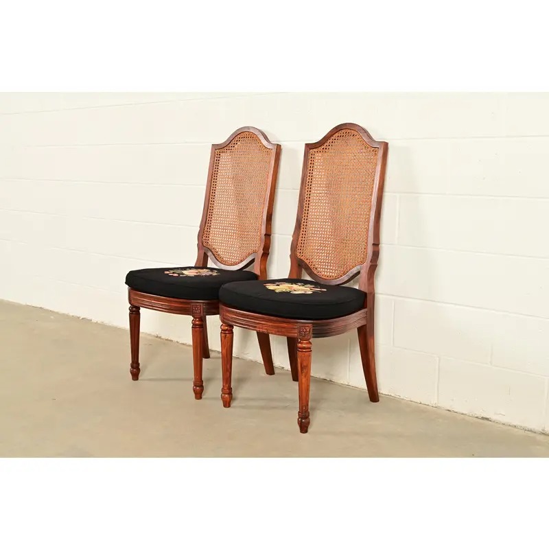 Karges Style French Regency Louis XVI Carved Solid Teak and Cane Back Side Chairs or Dining Chairs, Pair - Image 3