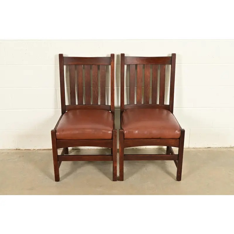 L. & J. G. Stickley Antique Mission Oak Arts & Crafts Side Chairs or Dining Chairs, Pair - Image 3