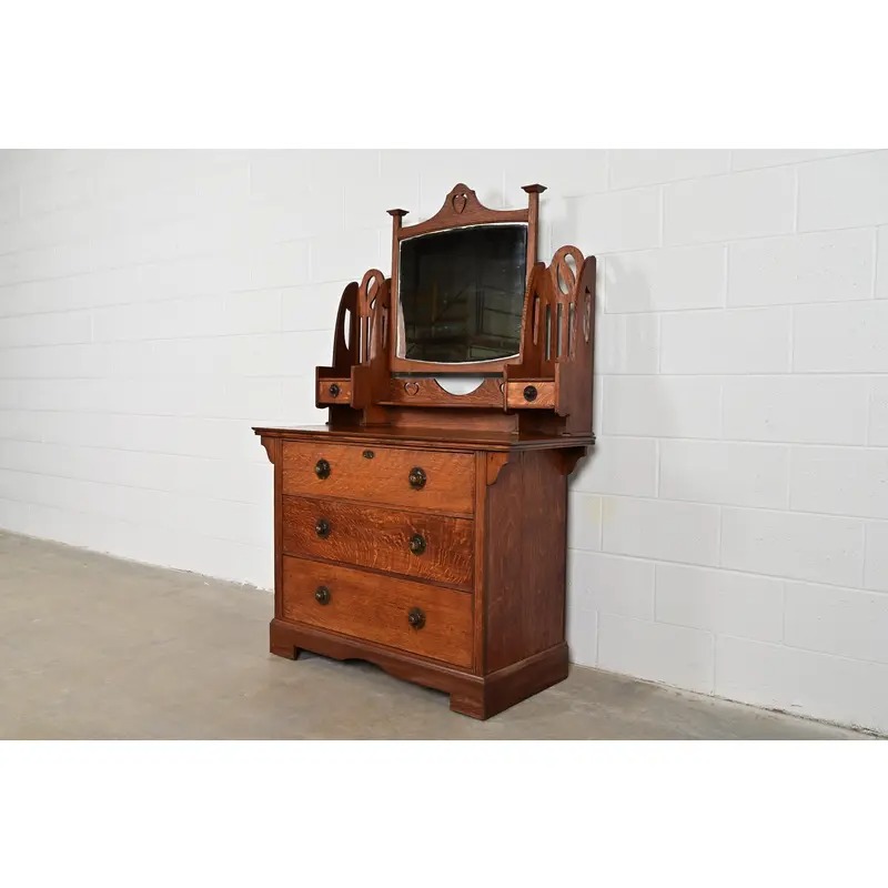Liberty & Co. Antique English Mission Oak Arts & Crafts Vanity Dresser With Mirror, Circa 1900 - Image 3