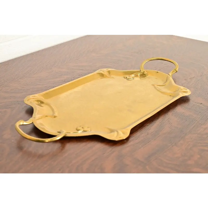 Liberty & Co. Style English Arts & Crafts Hammered Brass Handled Serving Tray - Image 3