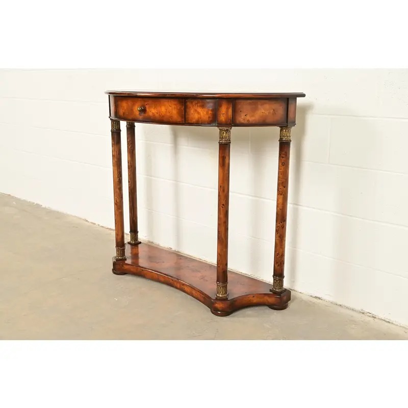 Maitland Smith Style French Empire Burl Wood and Gold Gilt Demilune Console Table - Image 3