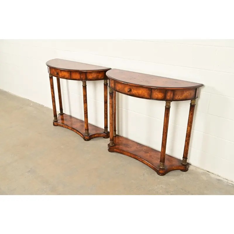 Maitland Smith Style French Empire Burl Wood and Gold Gilt Demilune Console Tables, Pair - Image 3