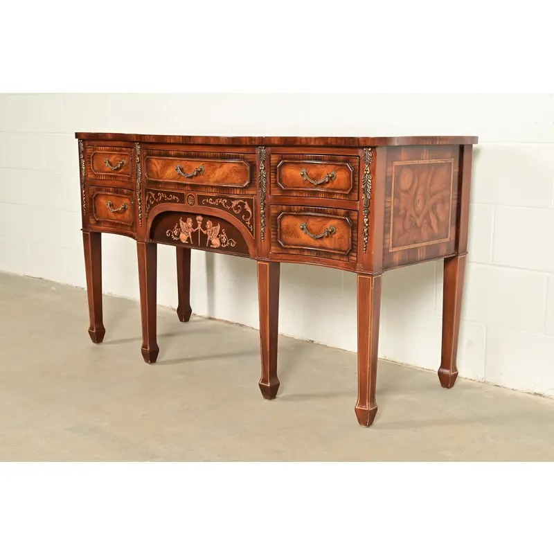 Maitland Smith Style French Regency Louis XVI Carved Mahogany and Burl Wood Sideboard Credenza - Image 3