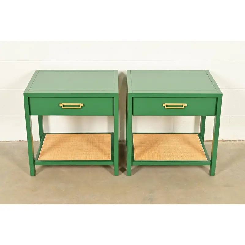 Michael Taylor for Baker Furniture Mid-Century Hollywood Regency Green Lacquer and Cane Campaign Nightstands, Newly Refinished - Image 3