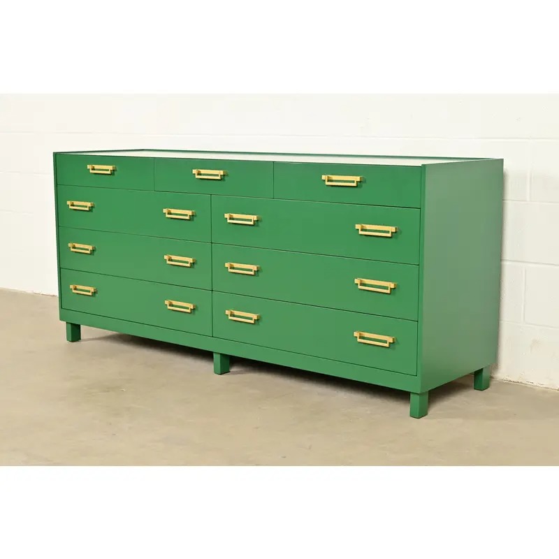Michael Taylor for Baker Furniture Mid-Century Hollywood Regency Green Lacquered Campaign Dresser, Newly Refinished - Image 3