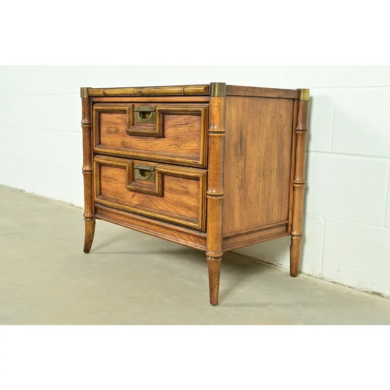 Mid-Century Hollywood Regency Campaign Carved Walnut Faux Bamboo Nightstand by Stanley, Circa 1960s - Image 3