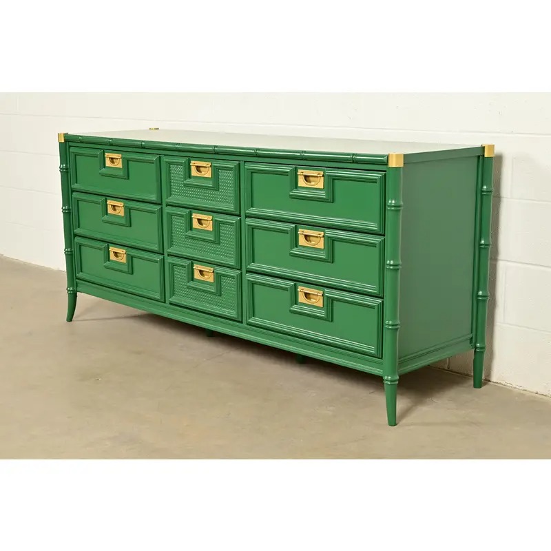 Mid-Century Hollywood Regency Campaign Green Lacquered Faux Bamboo Triple Dresser or Credenza by Stanley, Newly Refinished - Image 3