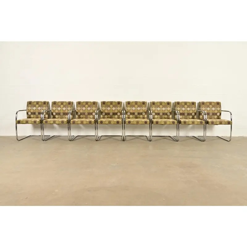Mies Van Der Rohe Brno Style Mid-Century Modern Chrome Tubular Cantilever Club Chairs, Set of Eight - Image 3