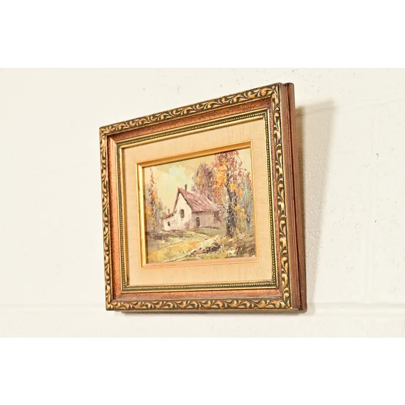 Original Artist Signed Impressionist Rural Landscape Oil on Canvas Painting of Cottage in Carved Giltwood Frame - Image 3