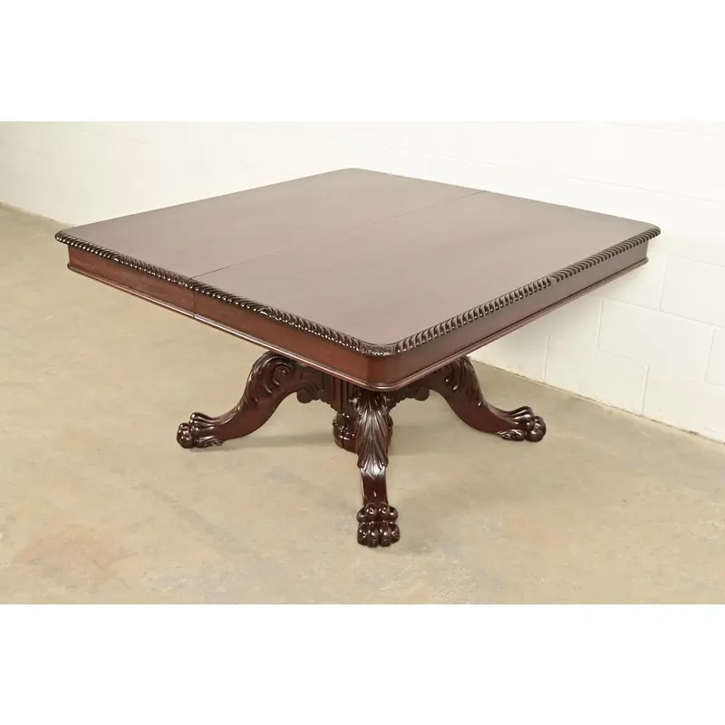 R. J. Horner Antique Victorian Carved Mahogany Split Pedestal Extension Dining Table With Lion Paw Feet, Newly Refinished - Image 3