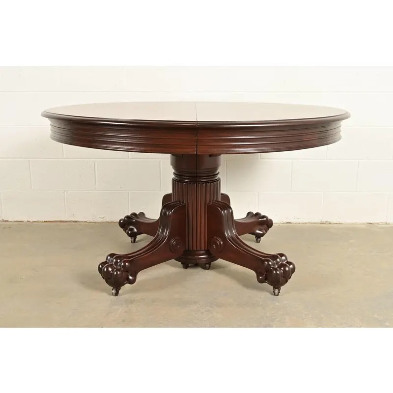 R. J. Horner Antique Victorian Carved Mahogany Split Pedestal Extension Dining Table With Lion Paw Feet, Newly Refinished - Image 3