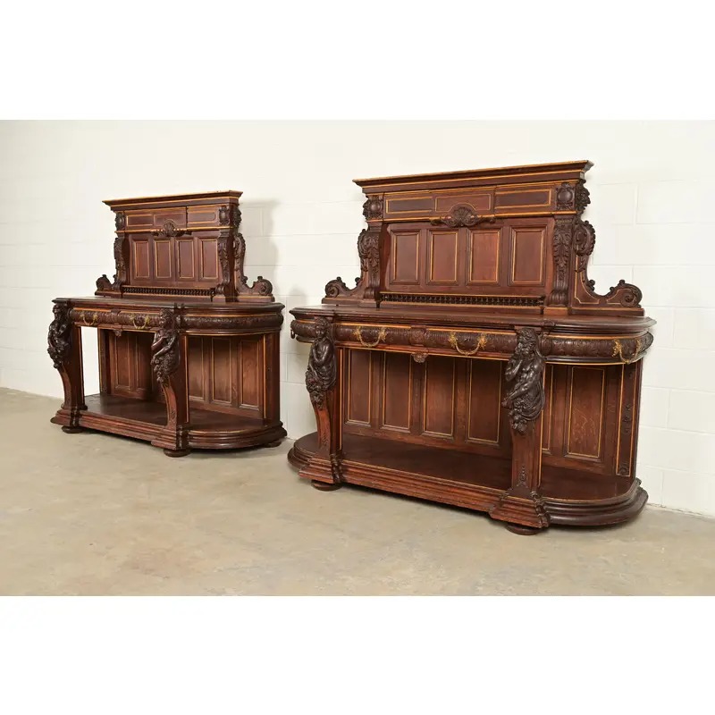 R. J. Horner Renaissance Revival Ornate Carved Oak Sideboards or Bar Cabinets, Circa 1880s - Image 3