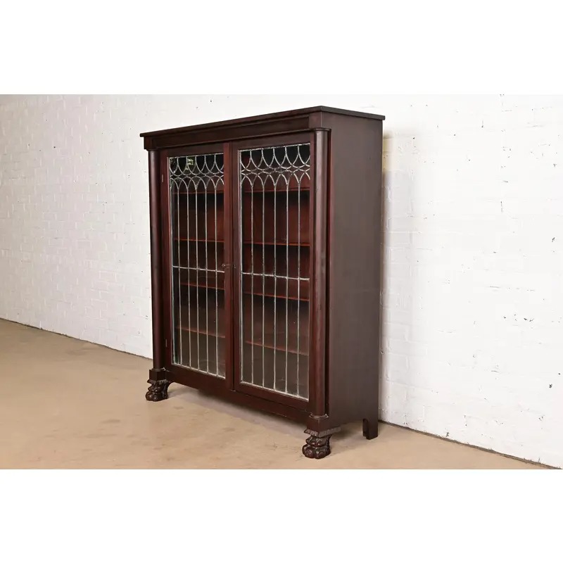 R. J. Horner Style Antique American Empire Carved Mahogany Leaded Glass Front Double Bookcase Cabinet, Circa 1890s - Image 3