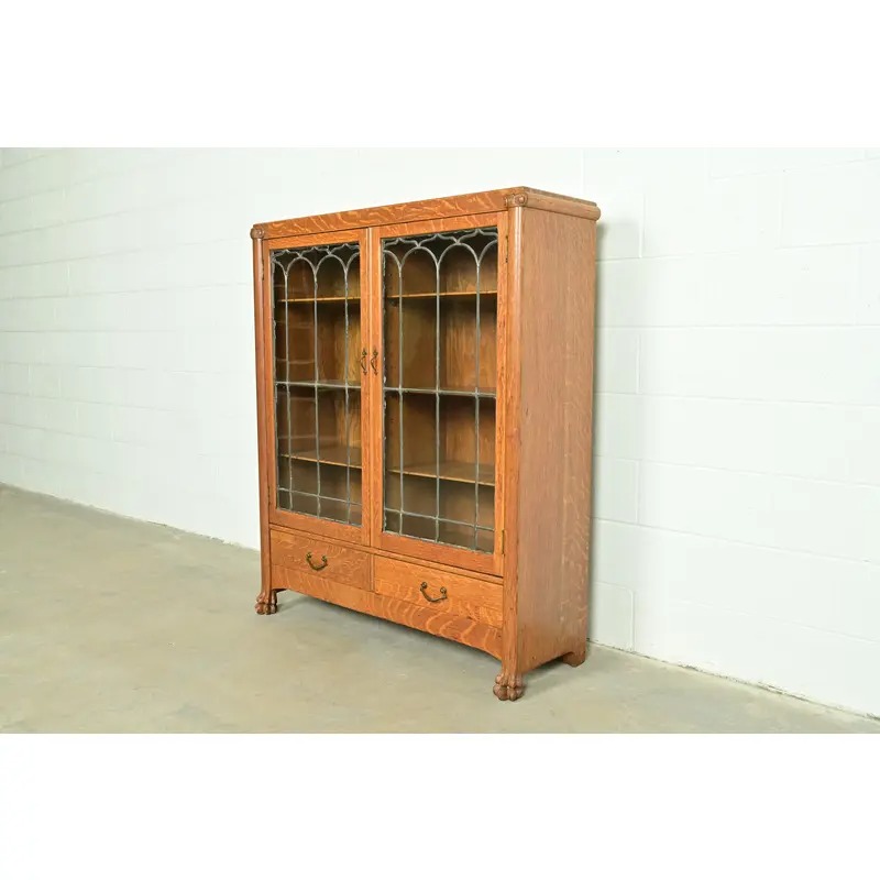 R. J. Horner Style Antique American Empire Carved Tiger Oak Double Bookcase Cabinet With Leaded Glass Doors, Circa 1890s - Image 3