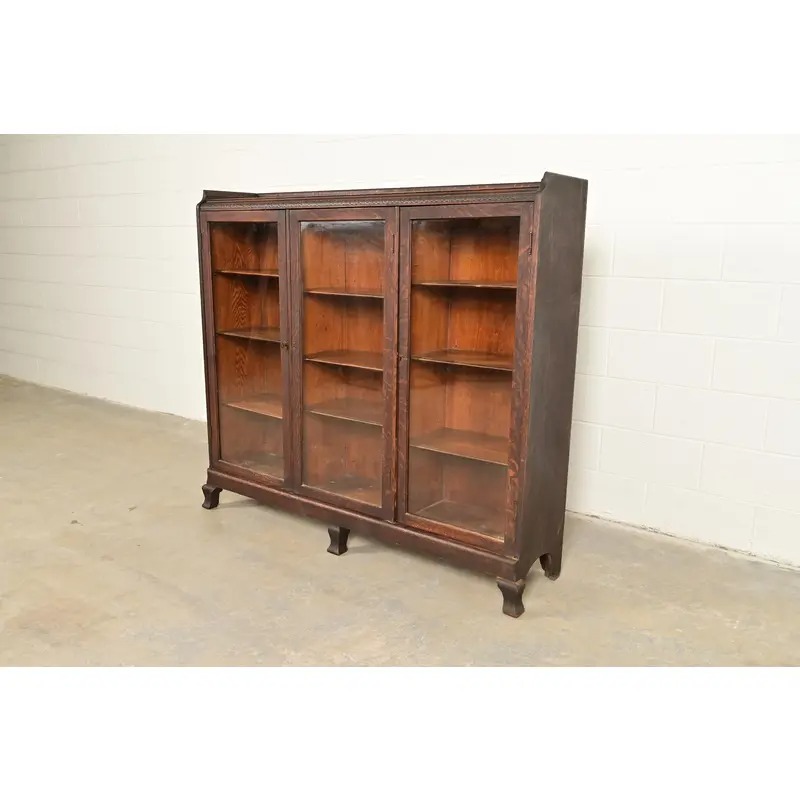 R. J. Horner Style Victorian Carved Oak Glass Front Triple Bookcase, Circa 1890s - Image 3