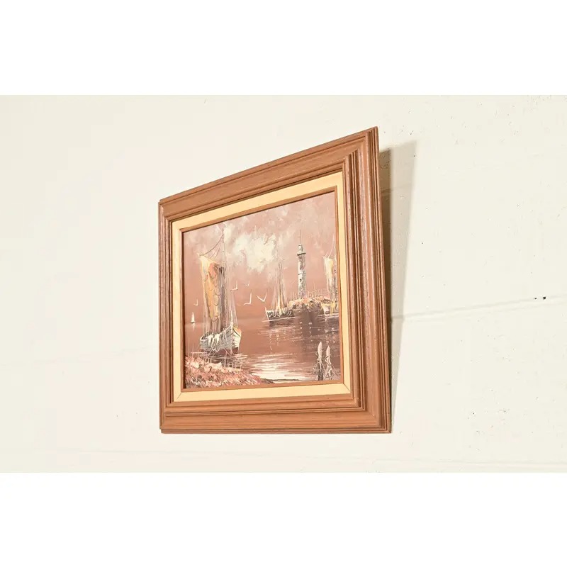 Rikard Lindström Original Signed Oil Painting on Canvas of Ships in Harbor in Carved Wood Frame - Image 3