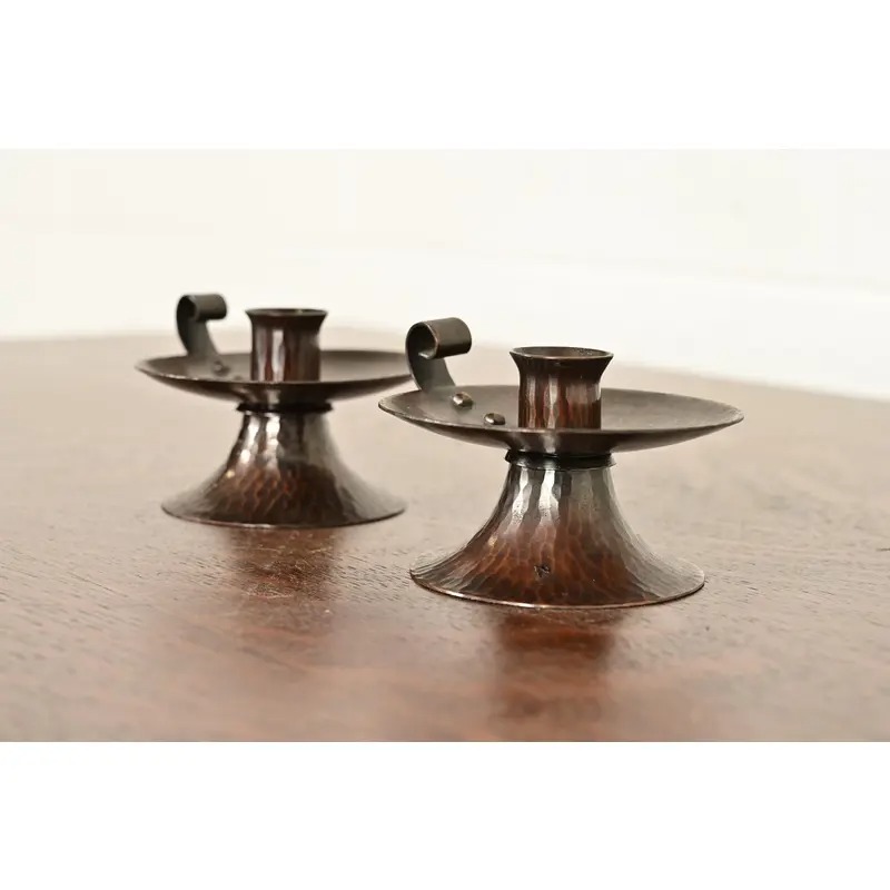 Roycroft Arts & Crafts Hammered Copper Handled Candlesticks, Pair - Image 3