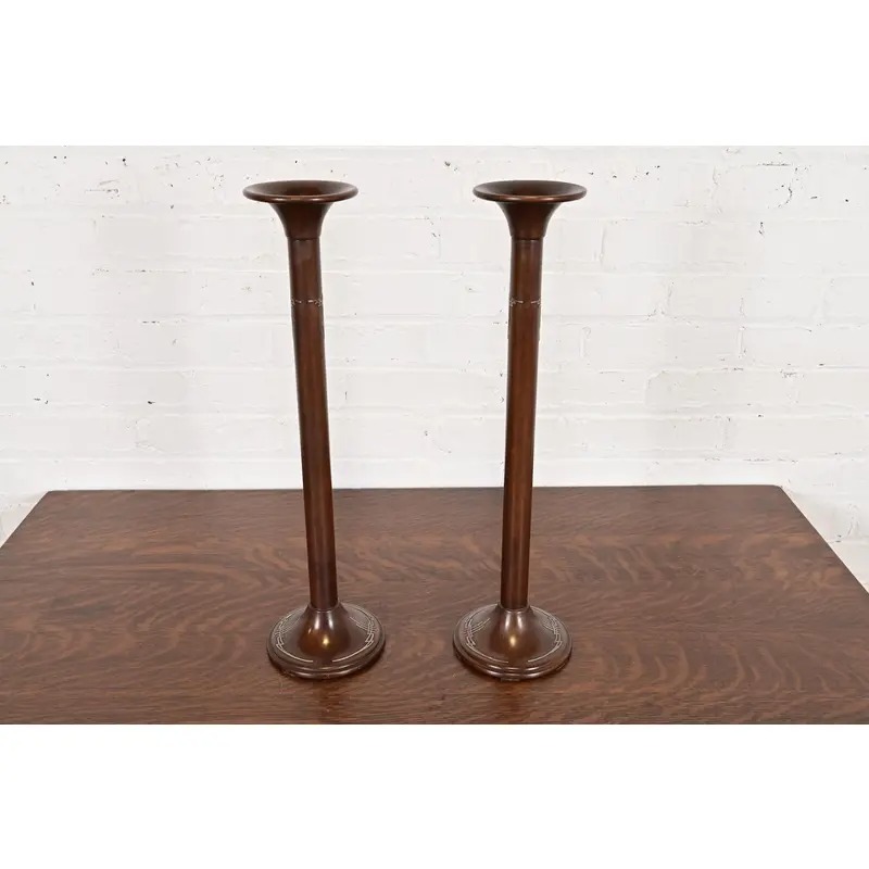 Silver Crest Arts & Crafts Sterling Silver on Bronze Tall Candlesticks, Pair - Image 3