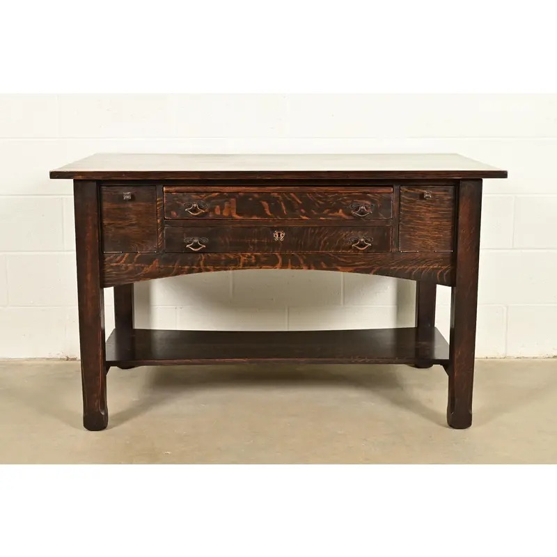 Stickley Brothers Style Antique Mission Oak Arts & Crafts Desk or Library Table, Circa 1910 - Image 3