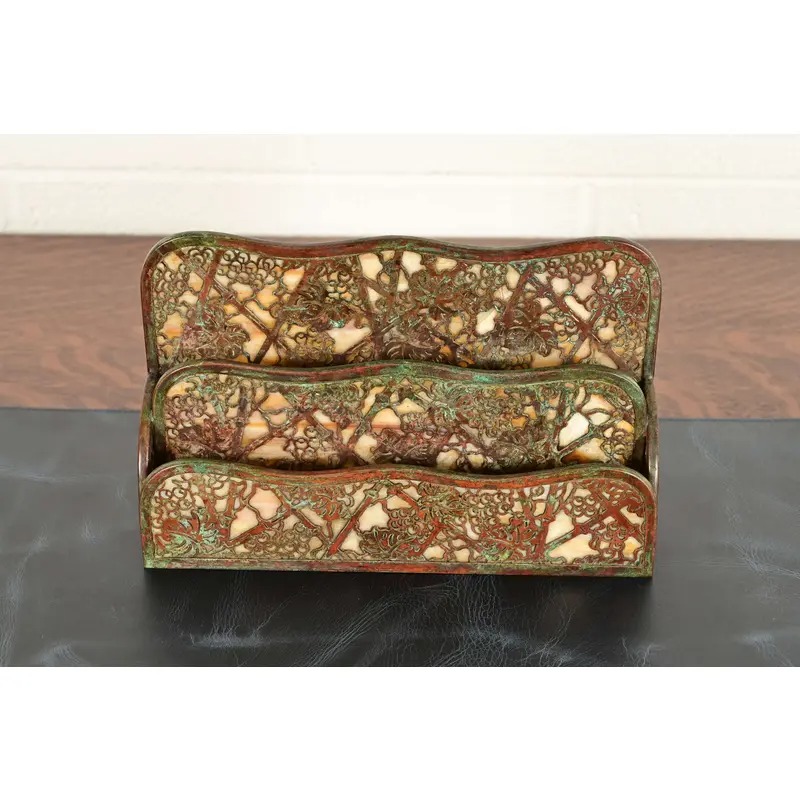 Tiffany Studios New York Grapevine Pattern Bronze and Favrile Slag Glass Letter Rack - Image 3