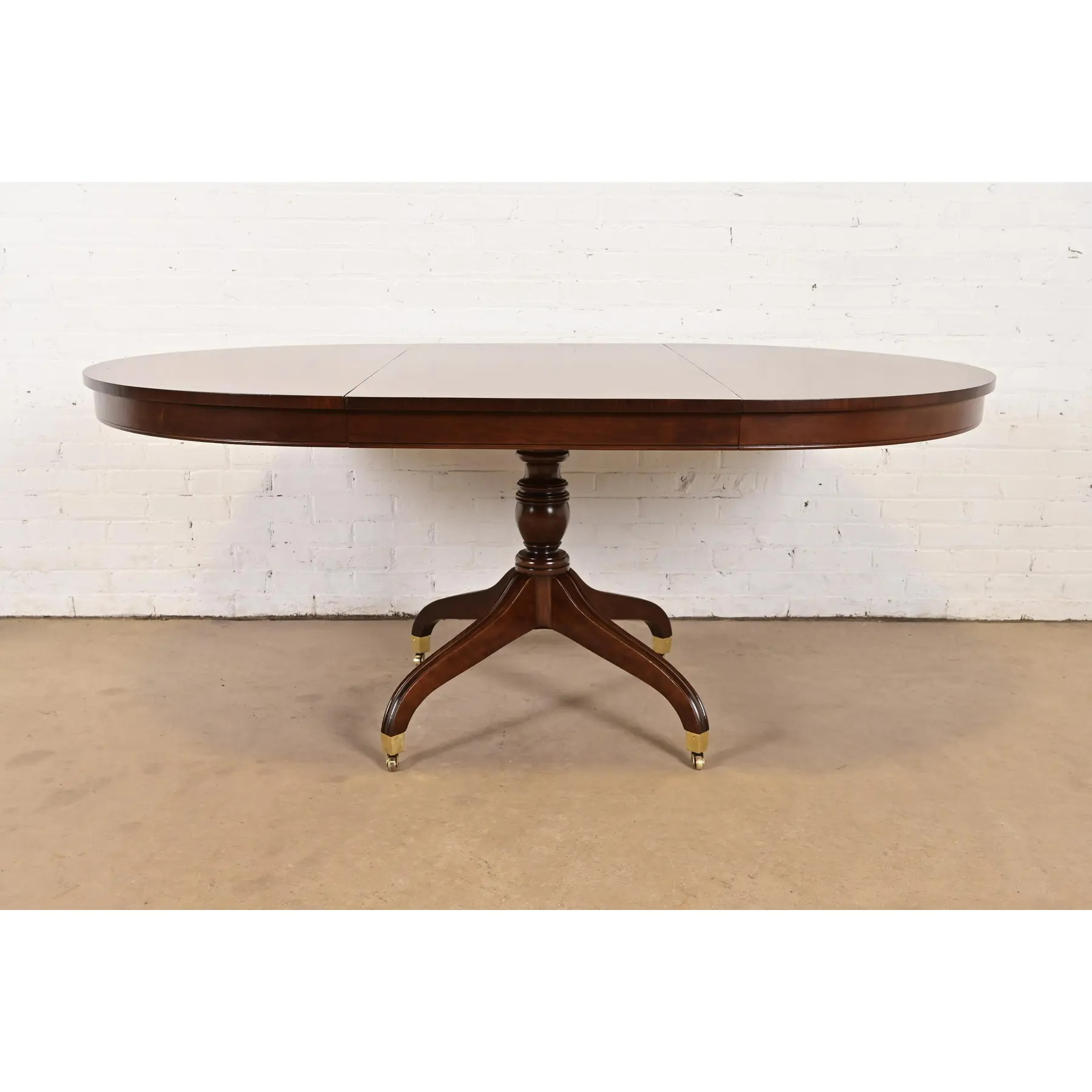 Baker Furniture Style Regency Banded Cherry Wood Pedestal Extension Dining Table, Newly Refinished - Image 2