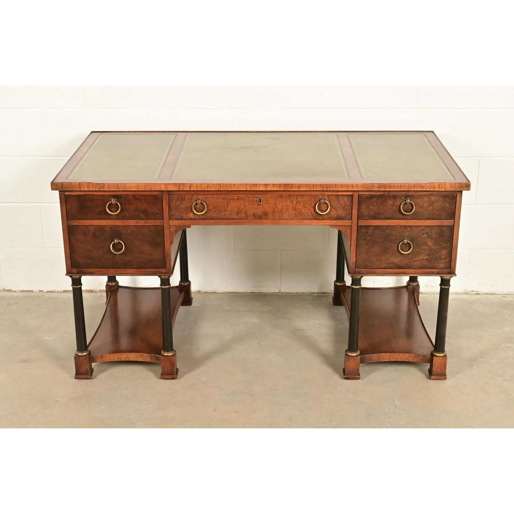 Hekman Furniture French Empire Burled Walnut Leather Top Desk, Circa 1960s - Image 2