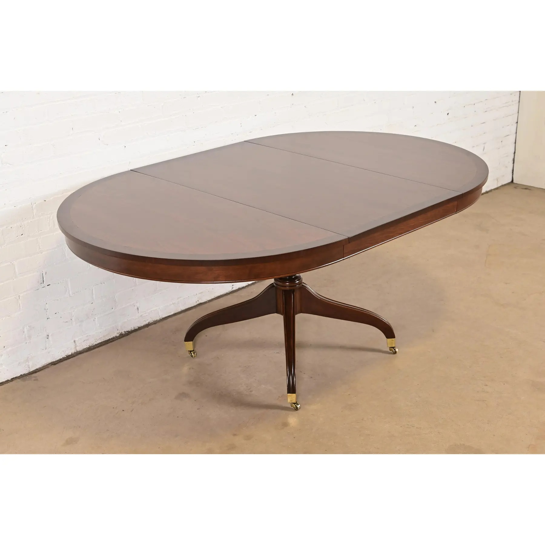 Baker Furniture Style Regency Banded Cherry Wood Pedestal Extension Dining Table, Newly Refinished - Image 3