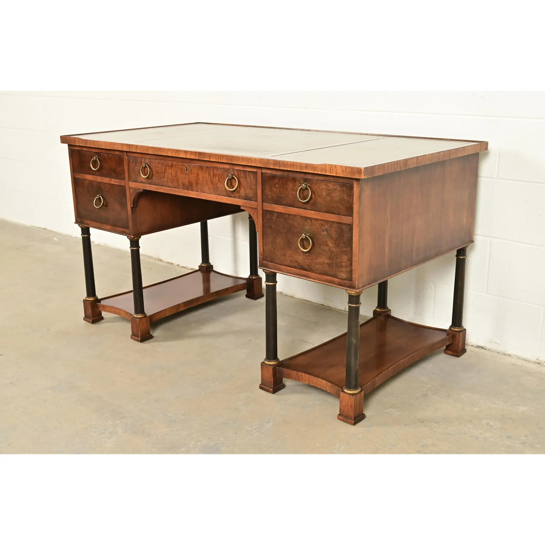 Hekman Furniture French Empire Burled Walnut Leather Top Desk, Circa 1960s - Image 3