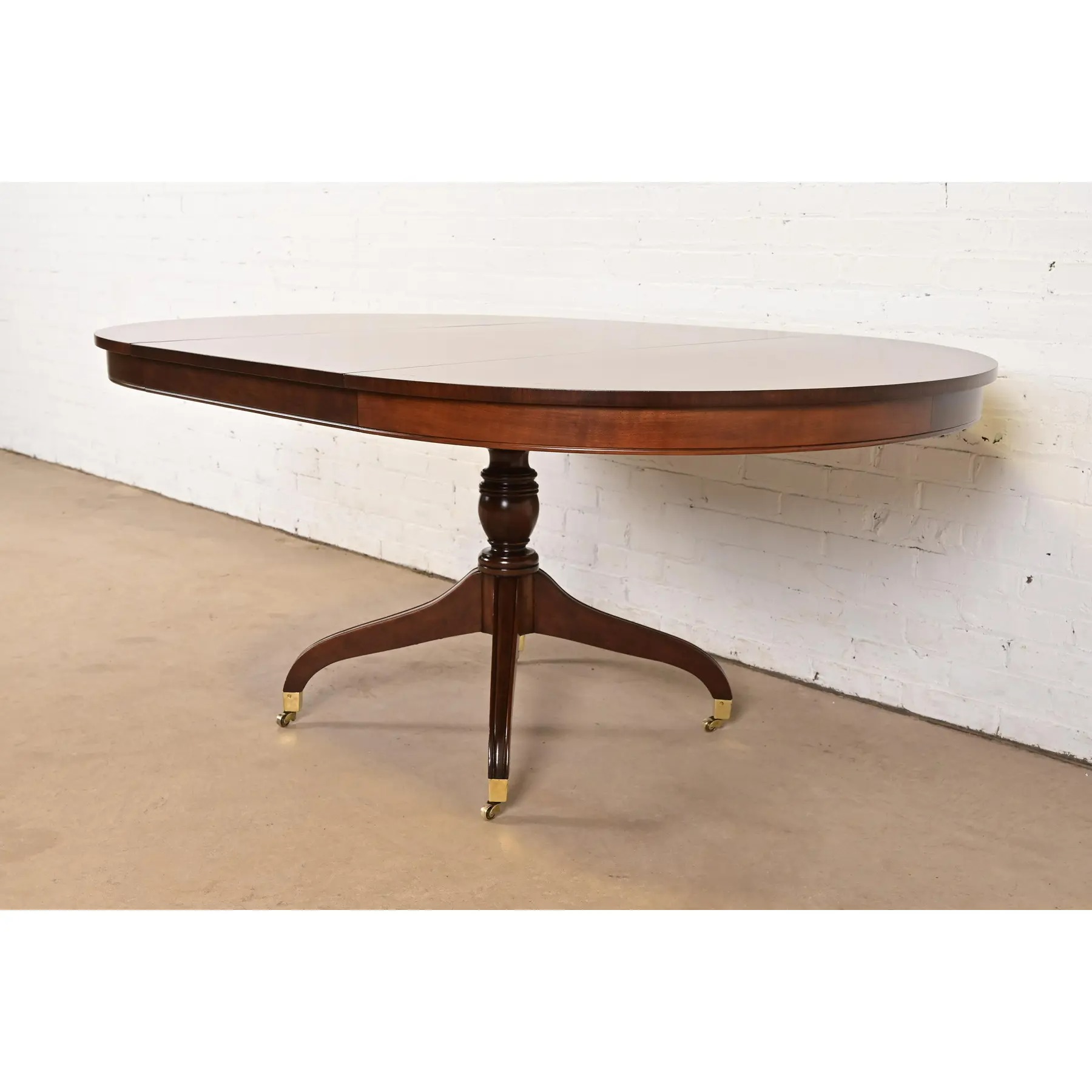 Baker Furniture Style Regency Banded Cherry Wood Pedestal Extension Dining Table, Newly Refinished - Image 4