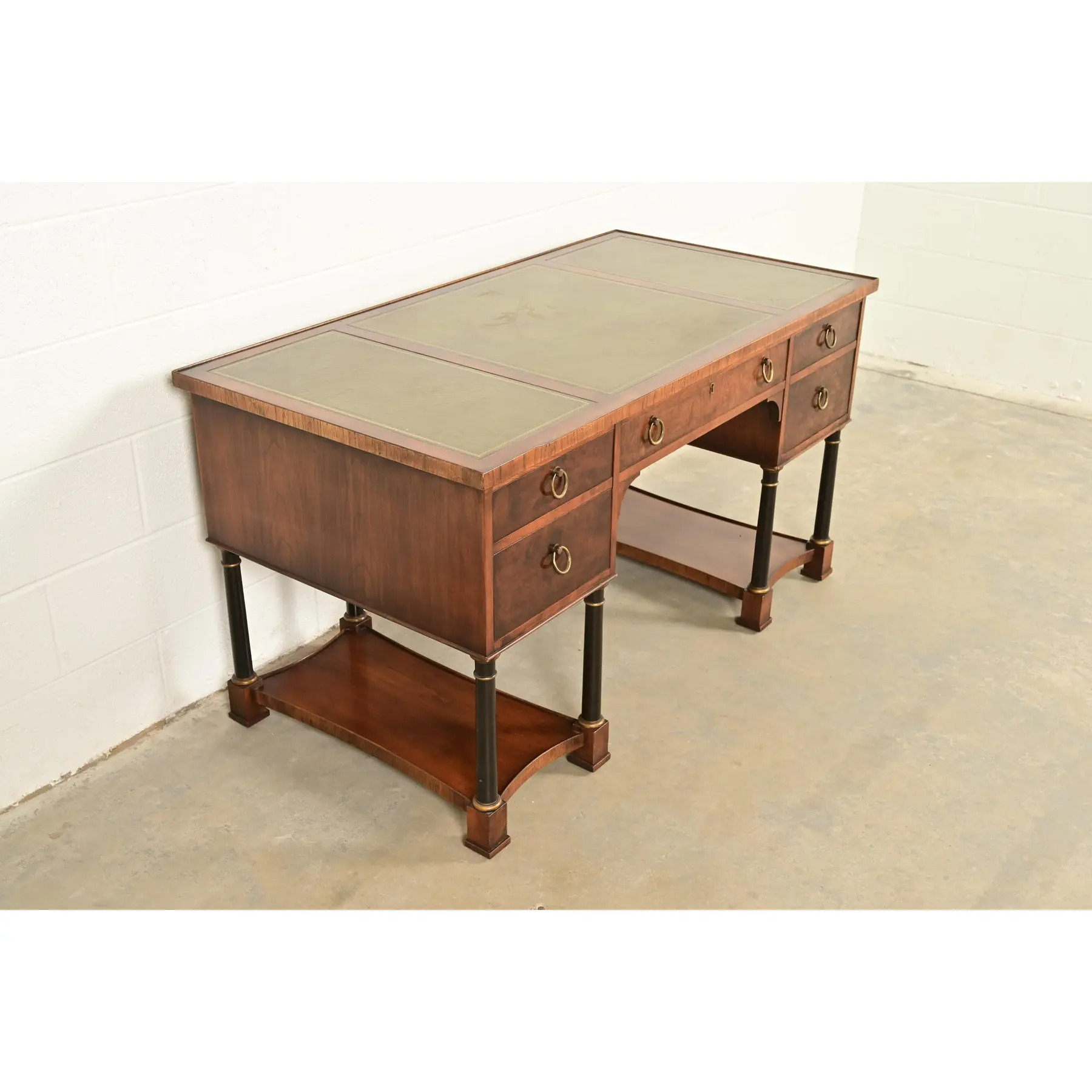 Hekman Furniture French Empire Burled Walnut Leather Top Desk, Circa 1960s - Image 4