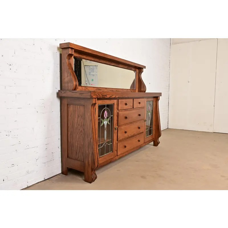 Antique Arts & Crafts Carved Oak Sideboard or Bar Cabinet With Stained Glass Doors, Newly Refinished - Image 4