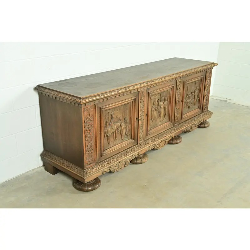 Antique Danish Renaissance Revival Carved Oak Sideboard or Bar Cabinet, Circa 1890s - Image 4
