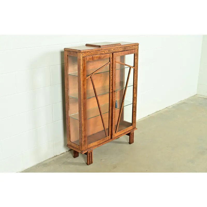 Antique English Art Deco Carved Oak Bookcase or Display Cabinet, Circa 1920s - Image 4