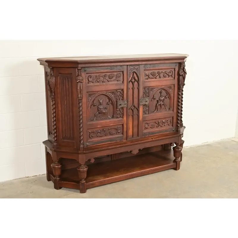 Antique French Gothic Revival Oak Bar Cabinet With Carved Figures, Circa 1890s - Image 4