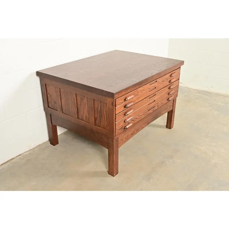Antique Oak Arts & Crafts 5-Drawer Architect's Blueprint Flat File Cabinet, Newly Refinished - Image 4