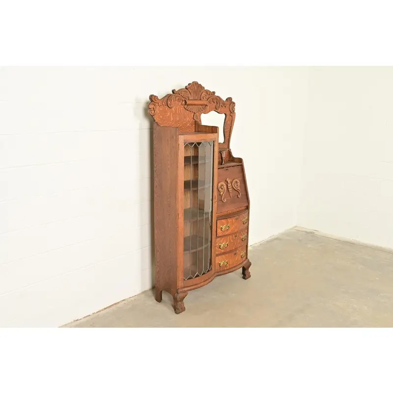 Antique Victorian Carved Tiger Oak Side-by-Side Bookcase With Drop Front Secretary Desk, Circa 1900 - Image 4