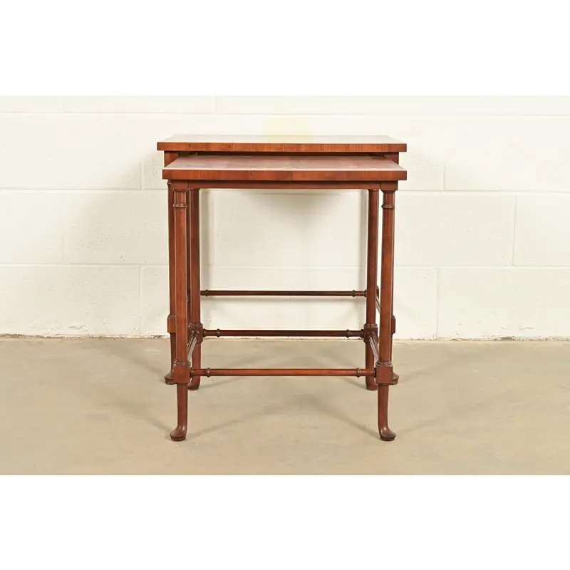 Baker Furniture English Regency Walnut and Burl Wood Parquet Top Nesting Tables, Pair - Image 4