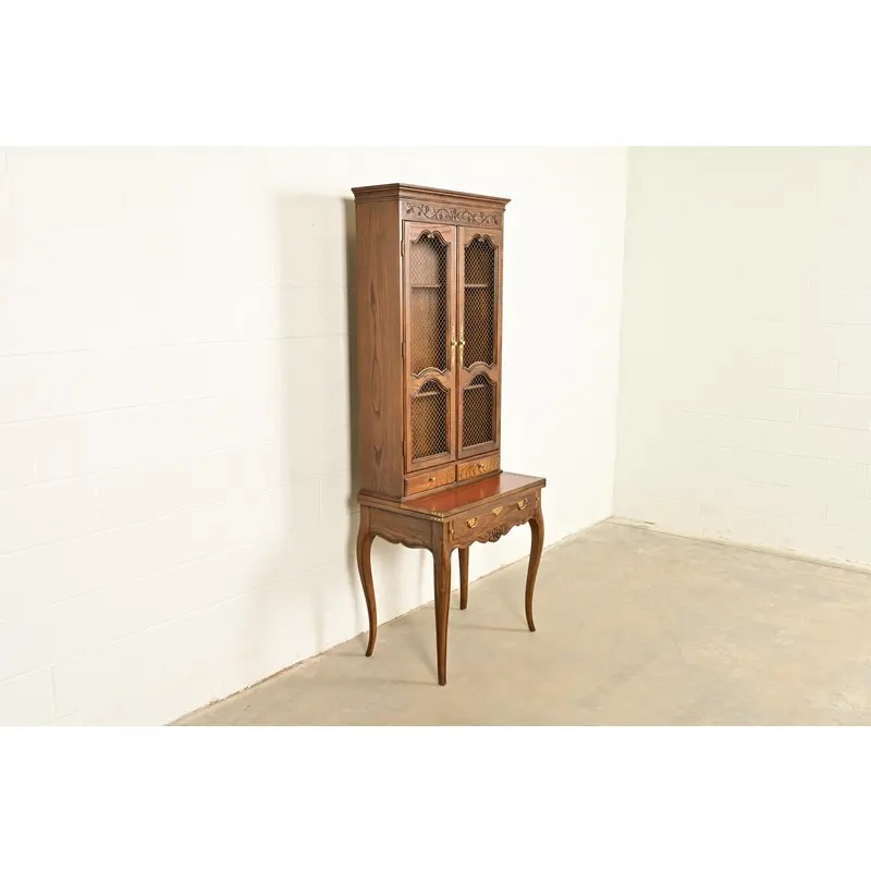 Baker Furniture French Provincial Louis XV Carved Oak Secretary Desk With Bookcase Hutch, Circa 1960s - Image 4