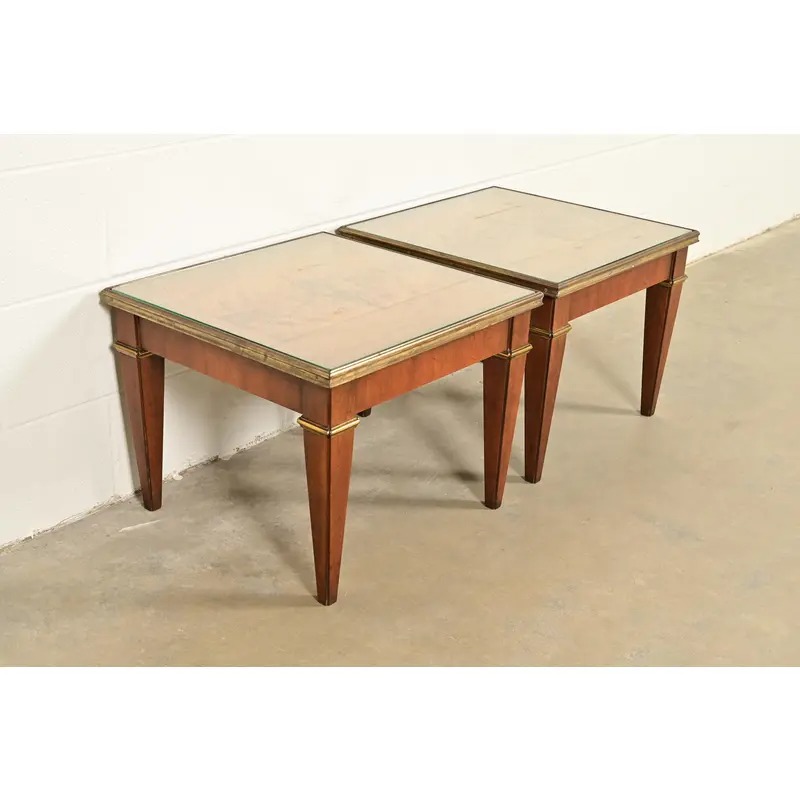 Baker Furniture French Regency Louis XVI Cherry, Burl Wood, and Brass Side Tables, Pair - Image 4