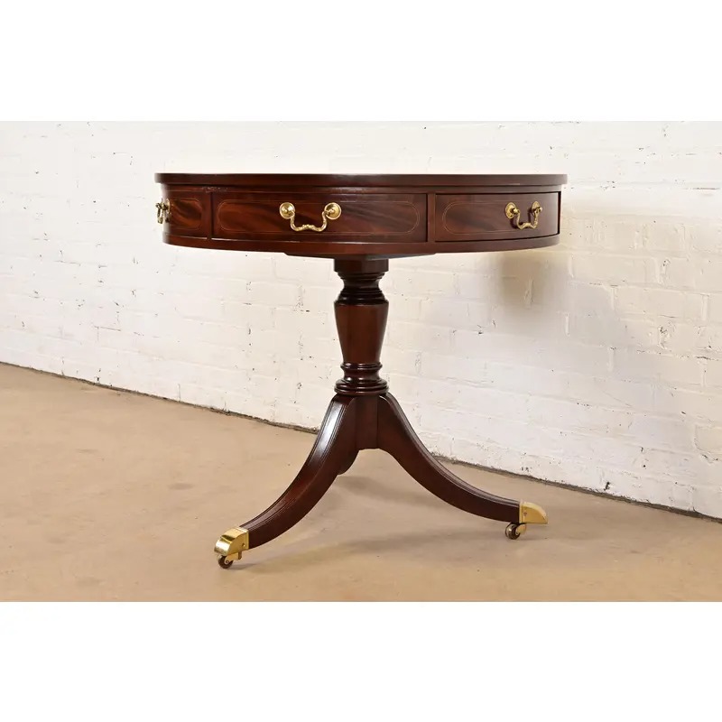 Baker Furniture Georgian Flame Mahogany Pedestal Drum Side Table or Tea Table, Newly Refinished - Image 4