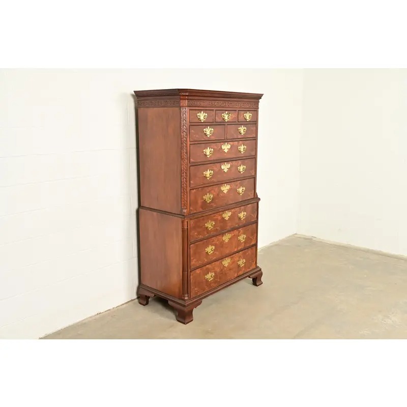 Baker Furniture Historic Charleston Chippendale Carved Mahogany and Burl Wood Eleven-Drawer Highboy Dresser - Image 4