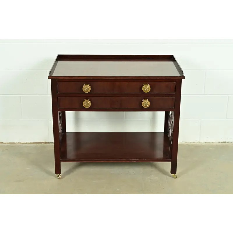 Baker Furniture Historic Charleston Chippendale Carved Mahogany Rolling Buffet Server or Bar Cart - Image 4