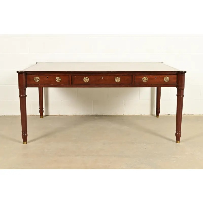Baker Furniture Stately Homes Collection English Regency Carved Mahogany Leather Top Partner's Desk - Image 4