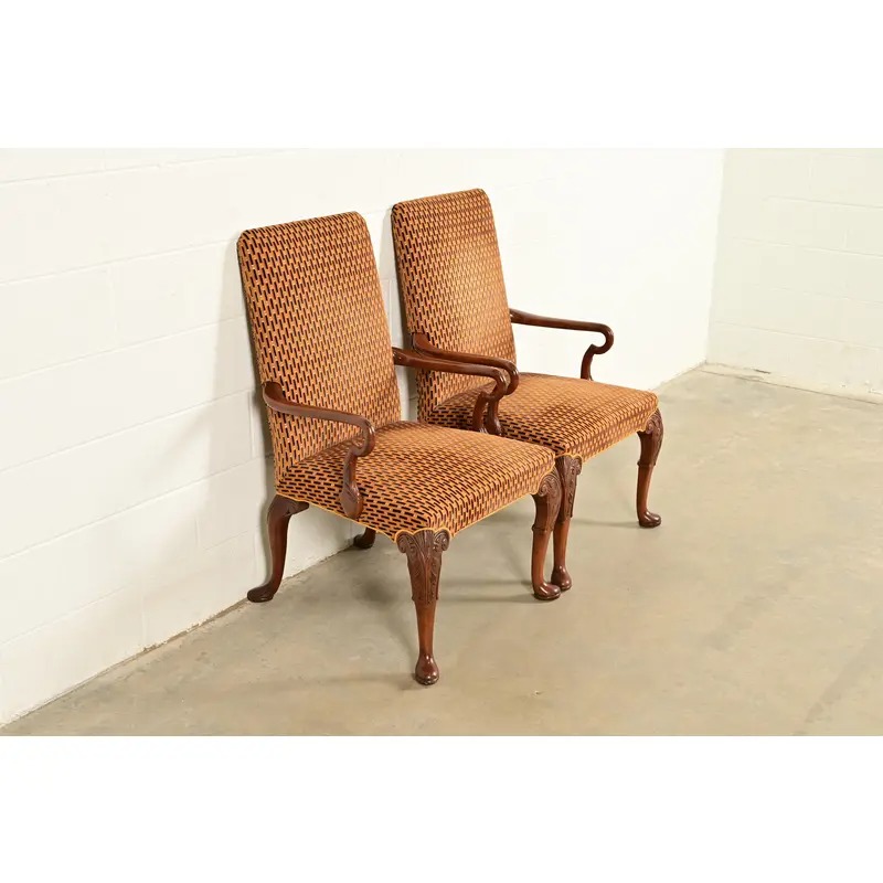 Baker Furniture Stately Homes Georgian Carved Mahogany Open Arm Library Chairs, Pair - Image 4