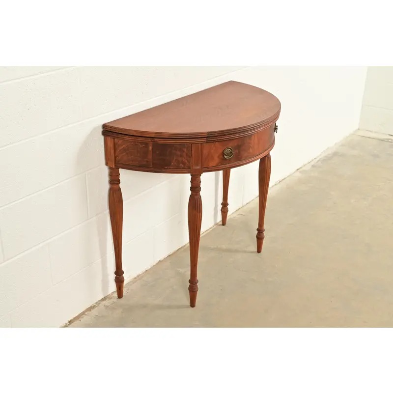Baker Furniture Style Antique Federal Flame Mahogany Flip Top Demilune Console Game Table, Circa 1920s - Image 4